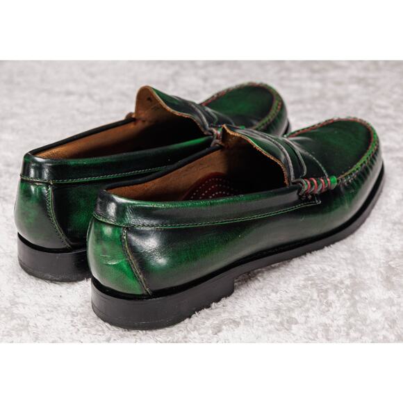 Bass Weejuns Green Black Leather Penny Loafers Contrast Stitching Mens Size 9 - Picture 9 of 16
